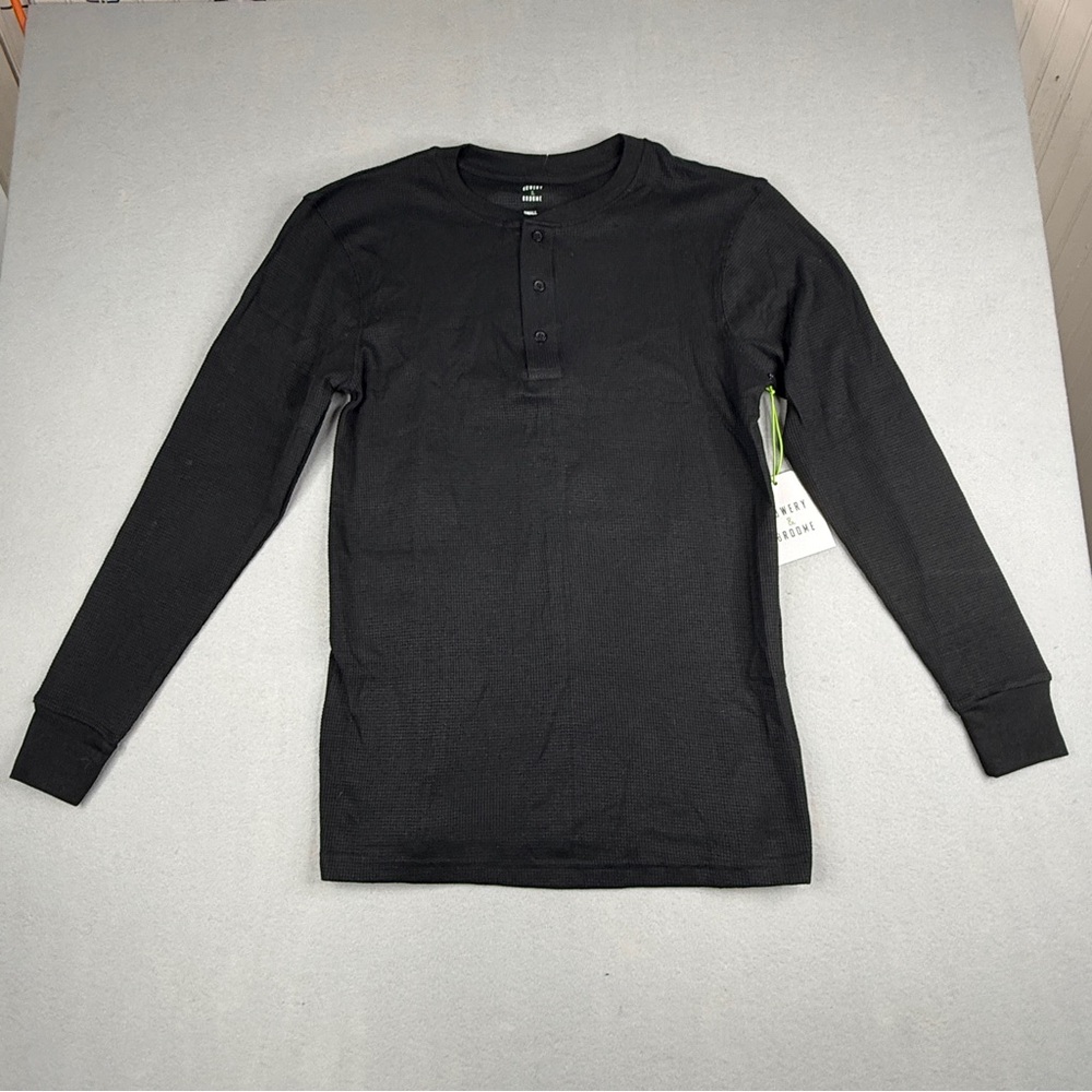Bowery & Broome Mens S Black Waffle Knit Henley Thermal Shirt NWT Long Sleeve